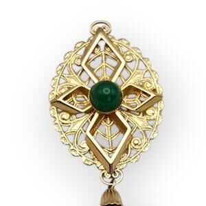 Sarah Coventry Peking Filigree Vintage Brooch with Green Cabochon & Tassel